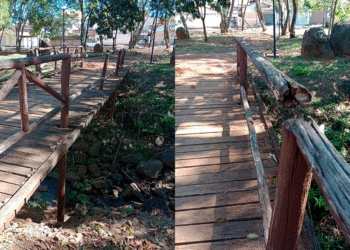 Ponte interditada no Parque Linear Fábio Alves Veiga em Itararé (SP) após falhas de execução na gestão anterior.
