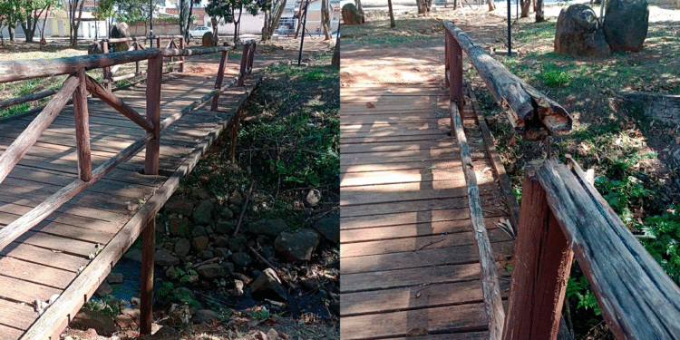Ponte interditada no Parque Linear Fábio Alves Veiga em Itararé (SP) após falhas de execução na gestão anterior.