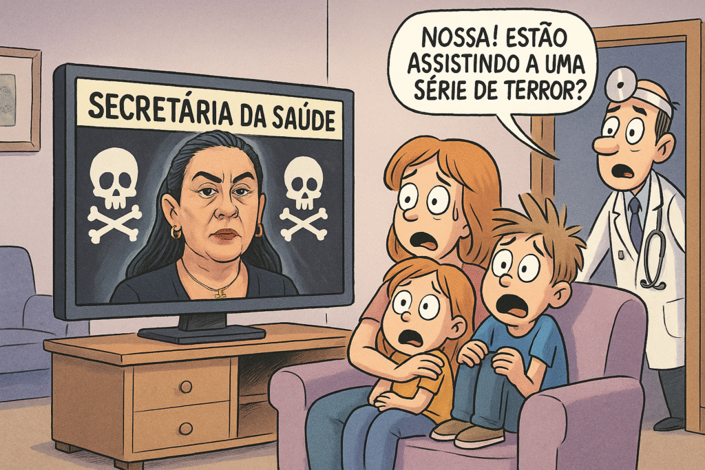 Charge ilustrativa sobre a gestão da secretária de Saúde de Itararé, Tais Chagas Félix, criticando problemas administrativos na pasta