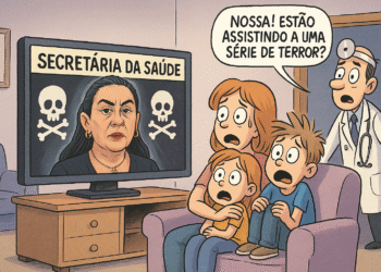 Charge ilustrativa sobre a gestão da secretária de Saúde de Itararé, Tais Chagas Félix, criticando problemas administrativos na pasta