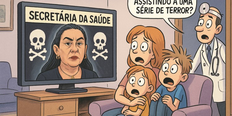 Charge ilustrativa sobre a gestão da secretária de Saúde de Itararé, Tais Chagas Félix, criticando problemas administrativos na pasta