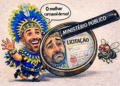 Charge mostra prefeito em fantasia de Carnaval sendo observado por lupa com a frase Ministério Público sobre um documento de licitação, em referência ao debate sobre pregão revogado para o Carnaval em Itararé.
