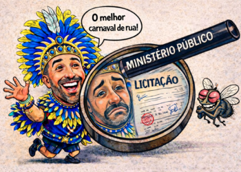 Charge mostra prefeito em fantasia de Carnaval sendo observado por lupa com a frase Ministério Público sobre um documento de licitação, em referência ao debate sobre pregão revogado para o Carnaval em Itararé.
