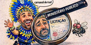 Charge mostra prefeito em fantasia de Carnaval sendo observado por lupa com a frase Ministério Público sobre um documento de licitação, em referência ao debate sobre pregão revogado para o Carnaval em Itararé.