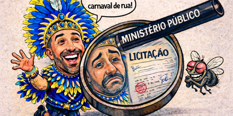 Charge mostra prefeito em fantasia de Carnaval sendo observado por lupa com a frase Ministério Público sobre um documento de licitação, em referência ao debate sobre pregão revogado para o Carnaval em Itararé.