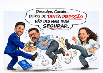 Charge política mostra prefeito e chefe de gabinete chutando o secretário Cacaio após pressão política na prefeitura de Itararé