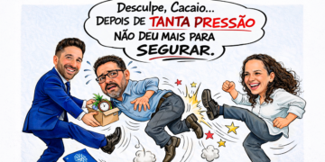 Charge política mostra prefeito e chefe de gabinete chutando o secretário Cacaio após pressão política na prefeitura de Itararé