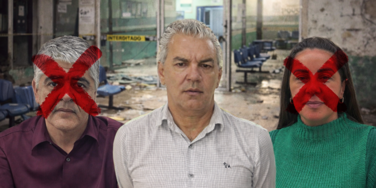 Imagem ilustrativa sobre crise na saúde pública em Itararé, com três pessoas e marcações em X sobre duas delas.