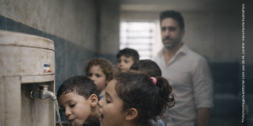 Crianças bebendo água em creche municipal de Itararé, com imagem desfocada do prefeito ao fundo, em ilustração editorial sobre falta de água potável.