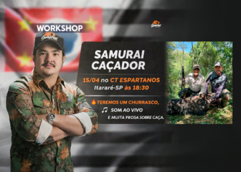 Arte de divulgação de workshop no CT Espartanos, em Itararé-SP, sobre manejo legal de javali, com data, horário e informação sobre churrasco e música ao vivo.