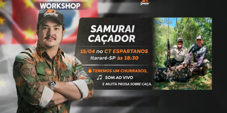 Arte de divulgação de workshop no CT Espartanos, em Itararé-SP, sobre manejo legal de javali, com data, horário e informação sobre churrasco e música ao vivo.