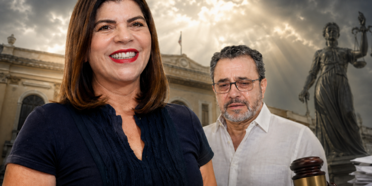 Montagem com Adriana Duch em primeiro plano e Generci Neves ao fundo, diante de cenário institucional com elementos da Justiça, usada na capa da reportagem sobre a liminar que suspendeu a cassação e reconduziu a prefeita ao cargo em Itapeva.