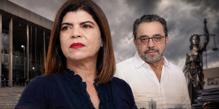 Montagem com Adriana Duch e Generci Neves diante de cenário institucional e jurídico, usada na capa da reportagem sobre o parecer do Ministério Público que pede a suspensão da cassação e a recondução da ex-prefeita ao cargo em Itapeva.
