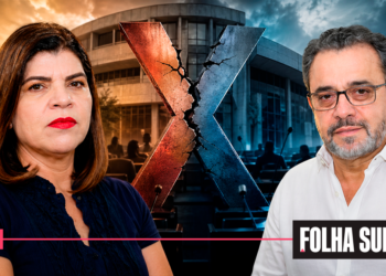 Montagem com Adriana Duch e Generci Neves diante de cenário institucional com um X central, usada na capa da reportagem sobre a nova decisão do Tribunal de Justiça que restabeleceu a cassação e ampliou a crise política em Itapeva.