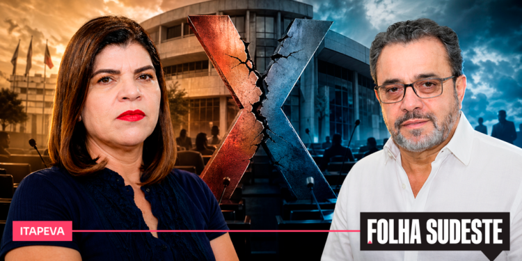 Montagem com Adriana Duch e Generci Neves diante de cenário institucional com um X central, usada na capa da reportagem sobre a nova decisão do Tribunal de Justiça que restabeleceu a cassação e ampliou a crise política em Itapeva.
