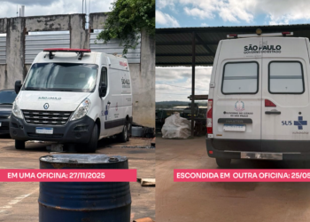 Montagem mostra ambulância da Saúde de Itararé em uma oficina em novembro de 2025 e em outro local em maio de 2026, após denúncia sobre veículo parado.
