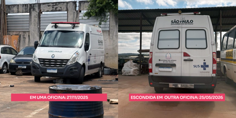 Montagem mostra ambulância da Saúde de Itararé em uma oficina em novembro de 2025 e em outro local em maio de 2026, após denúncia sobre veículo parado.