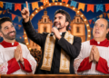 Arte ilustrativa sobre a mudança do show de Padre Fábio de Melo da Praça São Pedro para o Centro de Eventos, com crítica política à gestão João Fadel e ao secretário Fábio Nogueira.