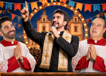 Arte ilustrativa sobre a mudança do show de Padre Fábio de Melo da Praça São Pedro para o Centro de Eventos, com crítica política à gestão João Fadel e ao secretário Fábio Nogueira.
