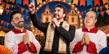 Arte ilustrativa sobre a mudança do show de Padre Fábio de Melo da Praça São Pedro para o Centro de Eventos, com crítica política à gestão João Fadel e ao secretário Fábio Nogueira.