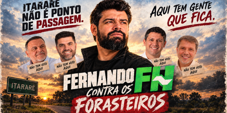 Arte da Folha Sudeste sobre a disputa para deputado estadual em Itararé, com Fernando FH em destaque e a frase “Itararé não é ponto de passagem”