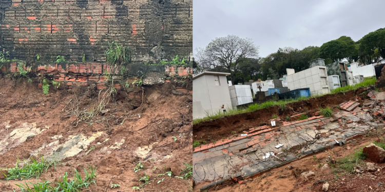 Muro do Cemitério Municipal de Itararé após desabamento registrado depois das chuvas
