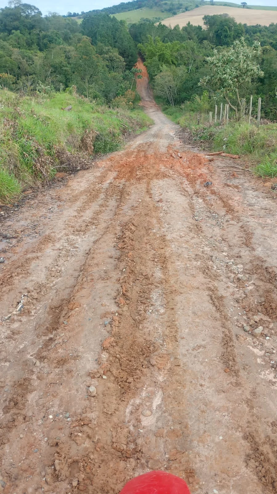 Estrada rural em declive com sulcos, terra e pedras entre áreas de vegetação