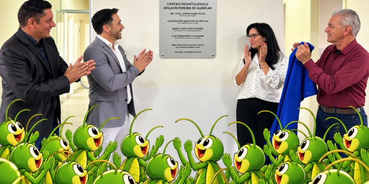 Montagem satírica com grilos diante de uma cena de inauguração do Centro Odontológico de Itararé