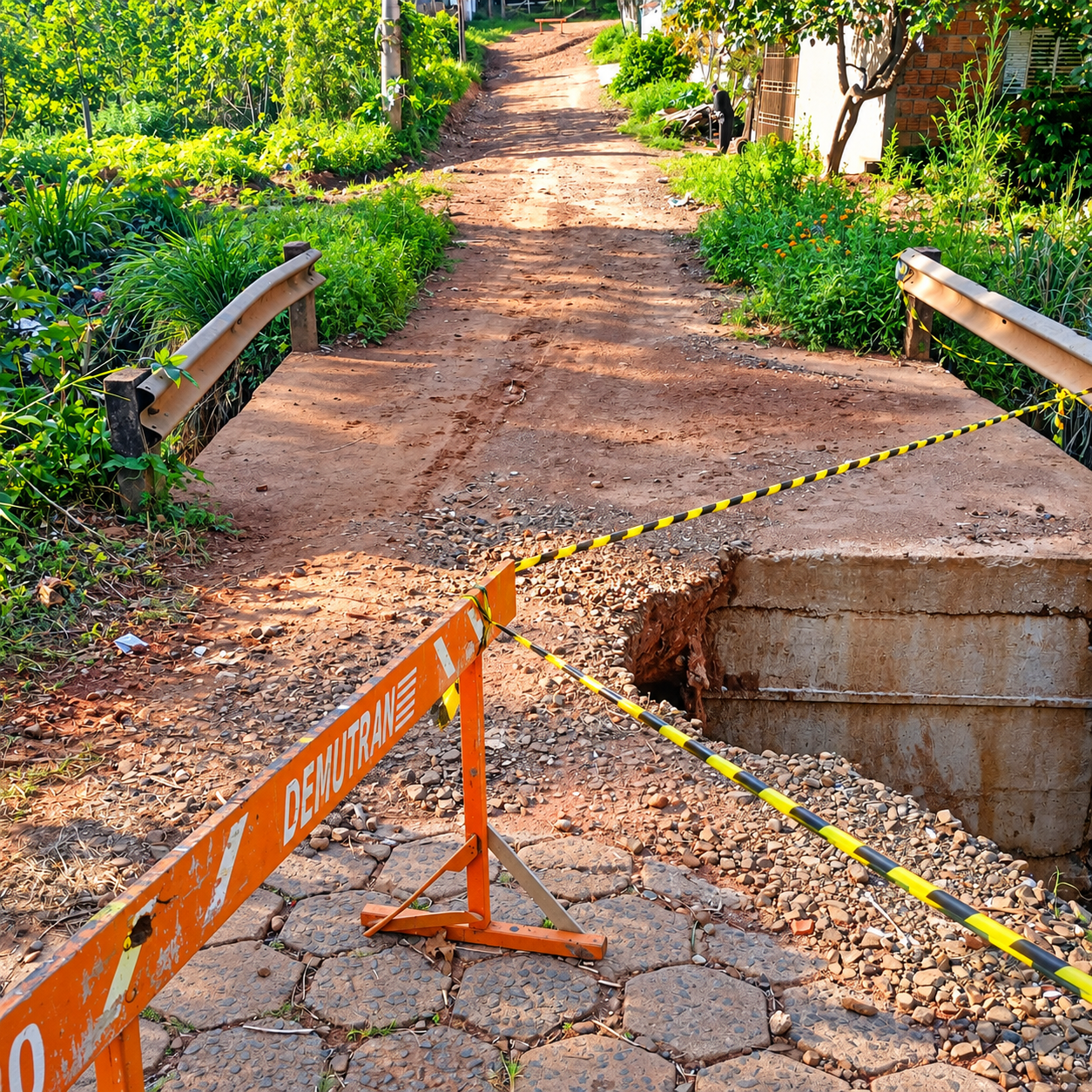 Sinalização instalada próximo à ponte danificada na Vila Jora